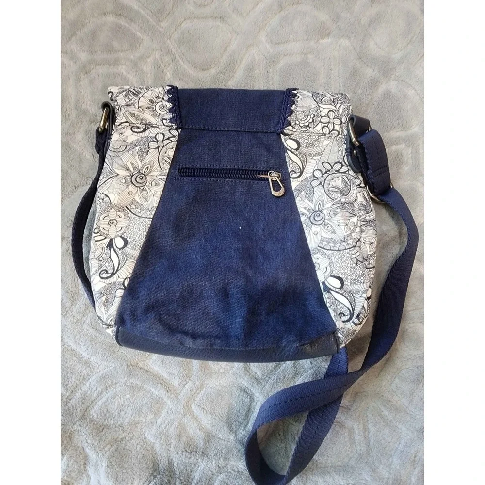 SAKROOTS Artist Circle Blue Denim Floral Canvas Fold-Over Crossbody Bag